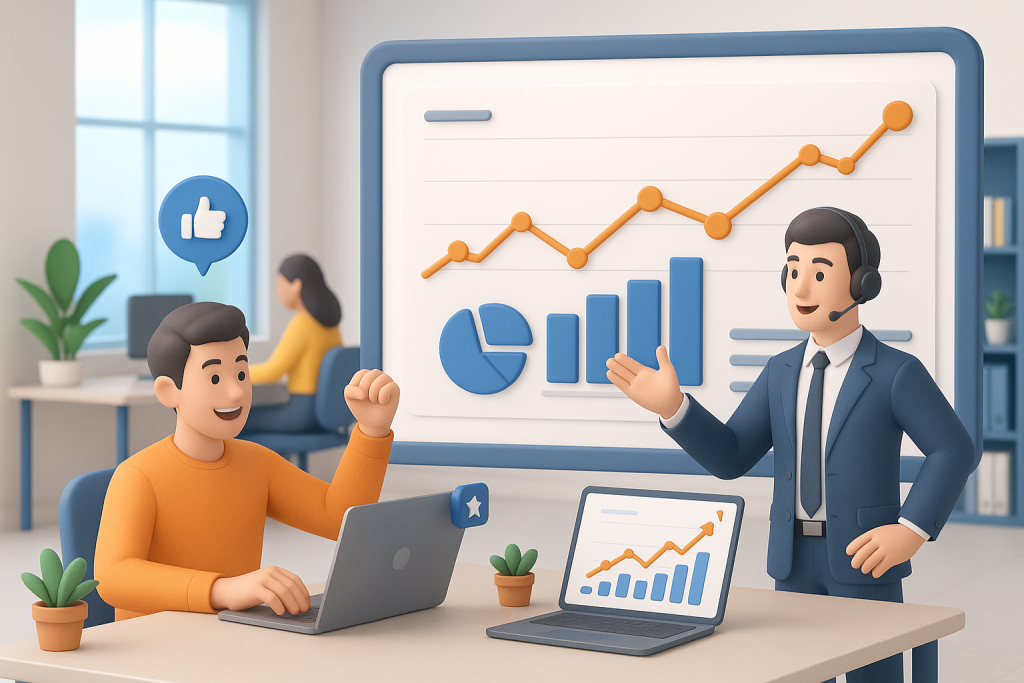 Illustration of Performance analytics screens in a open-plan tech workspace setting, with a professional success mood.