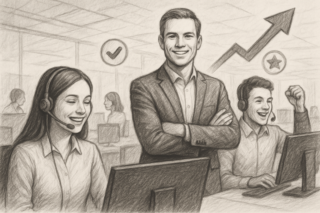 Illustration of Confident salespeople in a Contact centre floor setting, with a professional success mood.