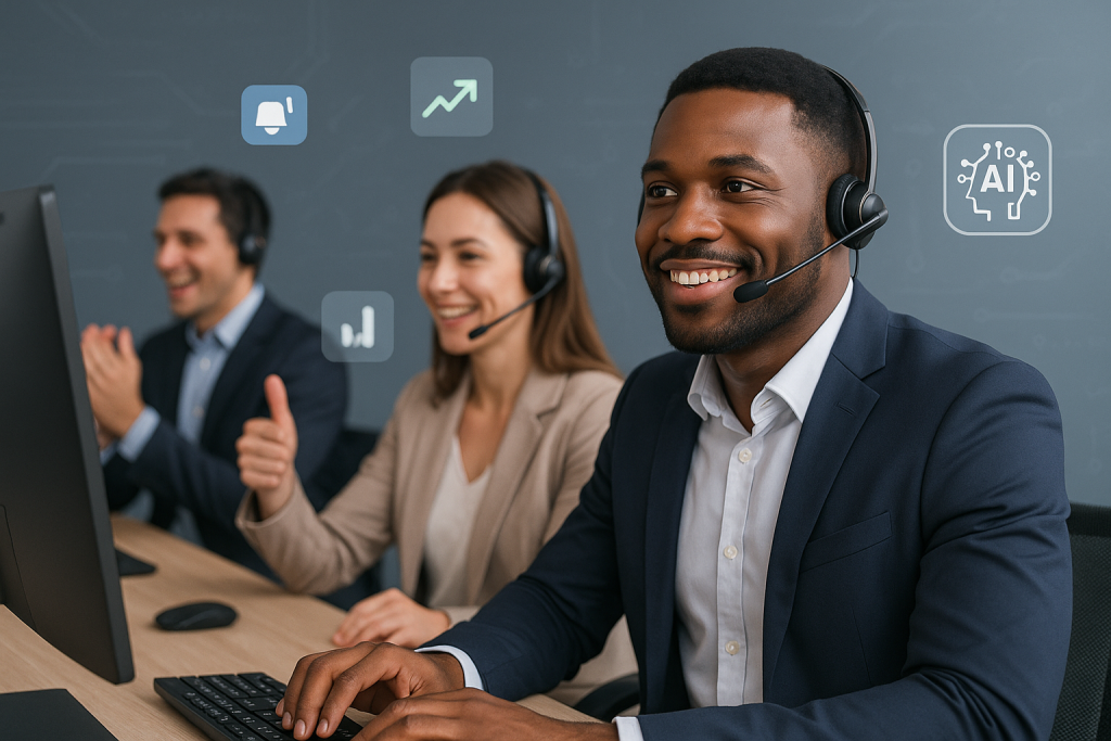 Illustration of Confident salespeople in a Subtle tech pattern setting, with a professional success mood.
