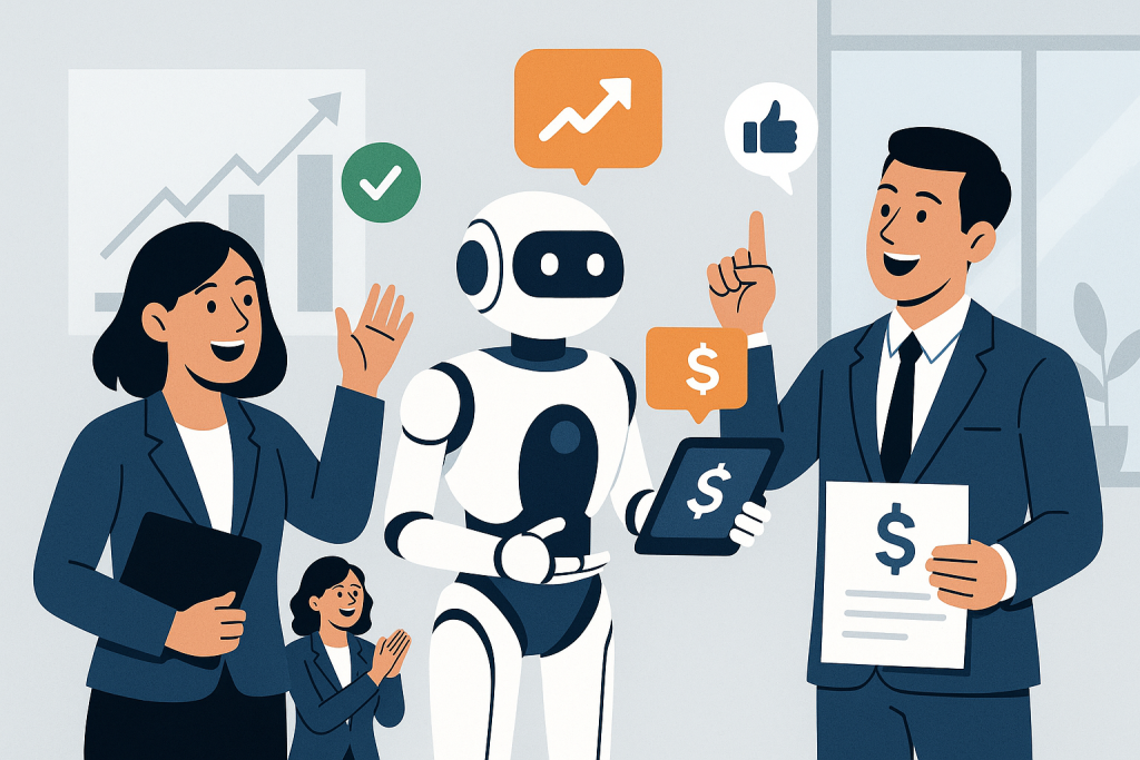 Illustration of Confident salespeople in a minimalist corporate setting setting, with a optimism mood.