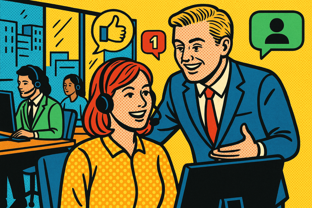 Illustration of Manager coaching agents in a open-plan tech workspace setting, with a confidence mood.