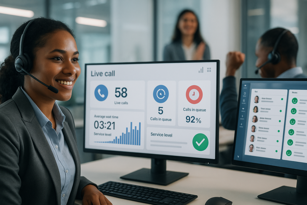 Illustration of Live call dashboards in a Neutral corporate setting, with a confidence mood.