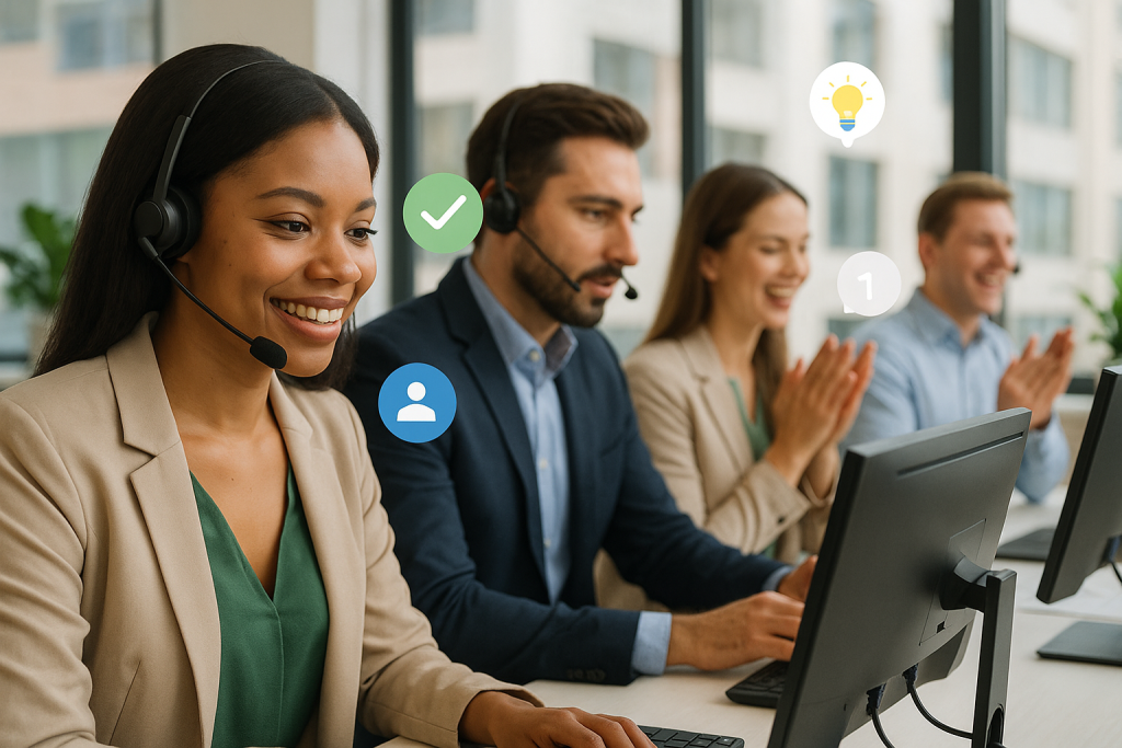 Illustration of professional call centre environment in a light-filled corporate workspace setting, with a inspired mood.