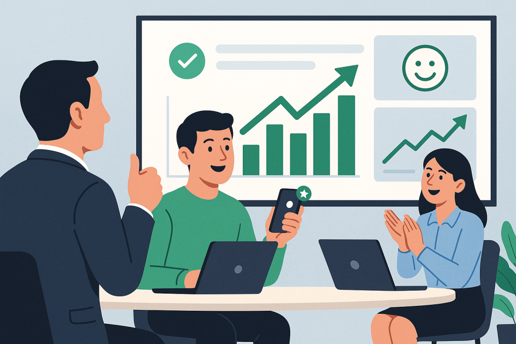 Illustration of Performance analytics screens in a sales team huddle room setting, with a confidence mood.