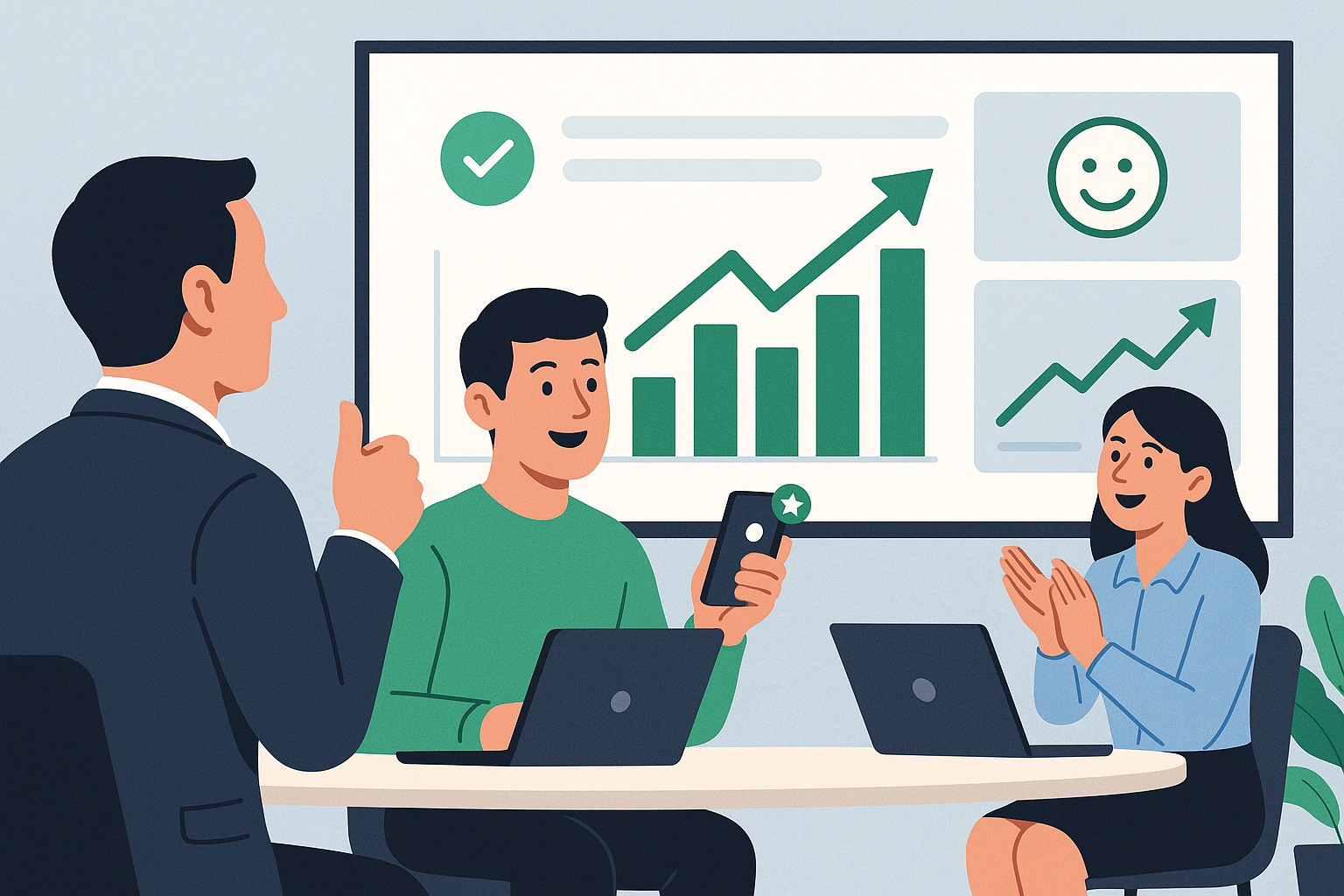 Illustration of Performance analytics screens in a sales team huddle room setting, with a confidence mood.
