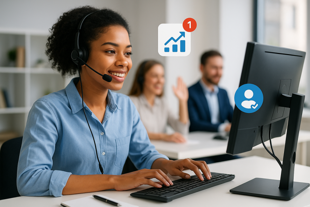 Illustration of professional call centre environment in a minimalist desk with headset setting, with a creative mood.