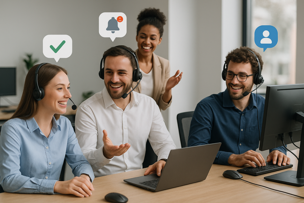 Illustration of inside sales team collaboration in a minimalist desk with headset setting, with a inspired mood.