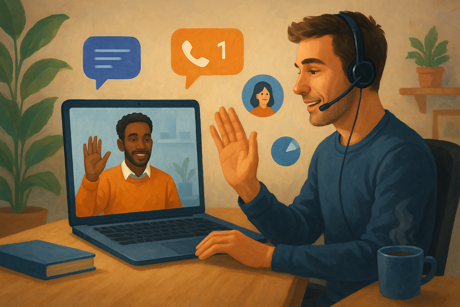Illustration of salesperson on a video call in a remote work setup setting, with a relaxed mood.