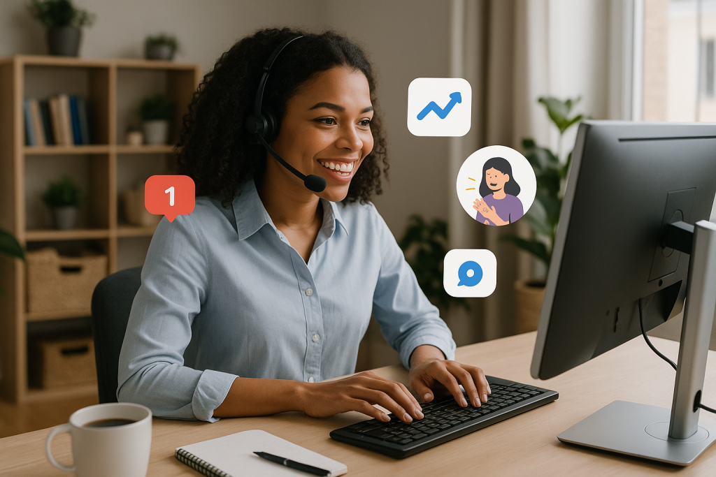 Illustration of professional call centre environment in a remote home office setup setting, with a inspired mood.