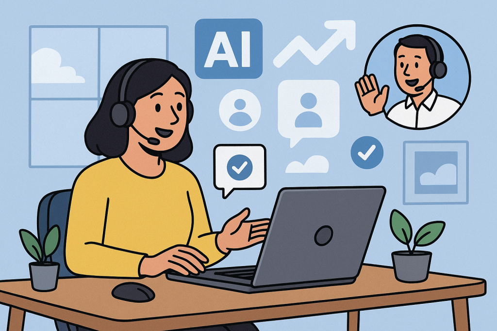 Illustration of Contact centre agents in a remote work setup setting, with a clarity mood.