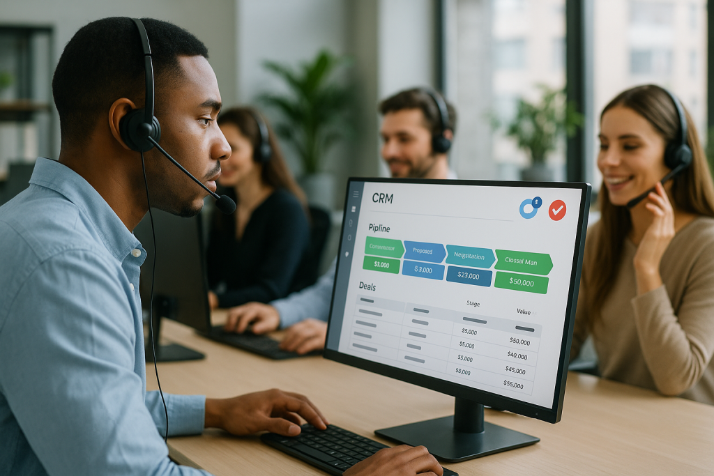 Illustration of sales agents reviewing CRM pipelines in a modern office call centre setting, with a relaxed mood.