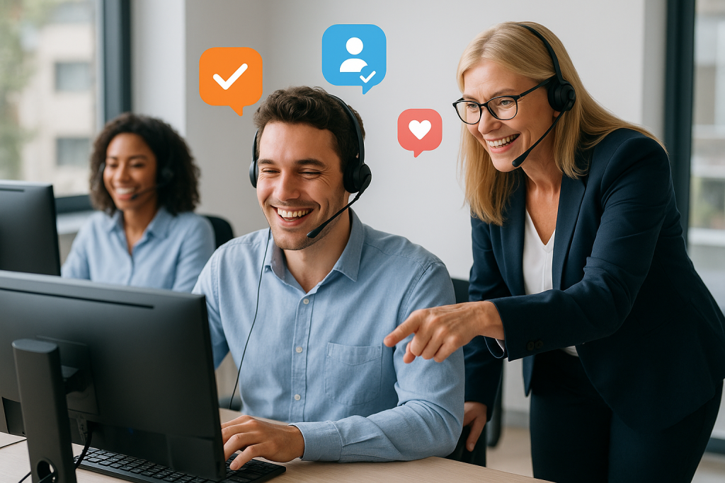 Illustration of professional call centre environment in a minimalist desk with headset setting, with a happy mood.