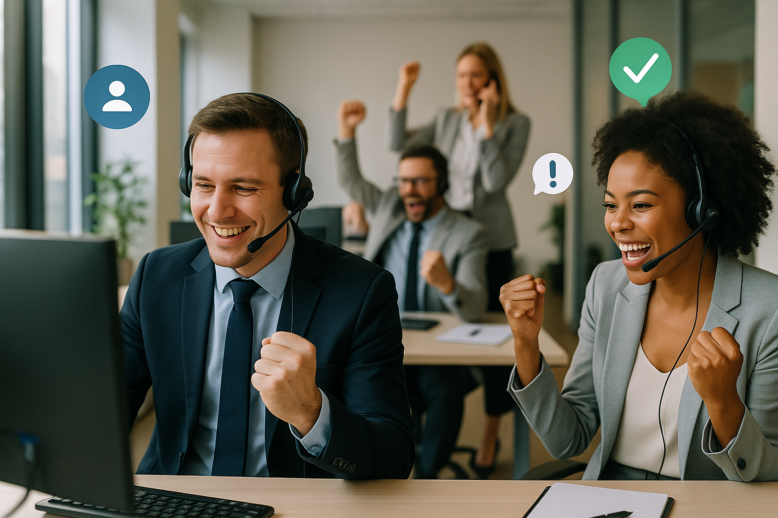 Illustration of high-energy sales bullpen in a professional corporate environment setting, with a focused mood.