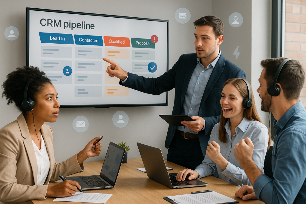 Illustration of sales agents reviewing CRM pipelines in a energetic team meeting room setting, with a determined mood.