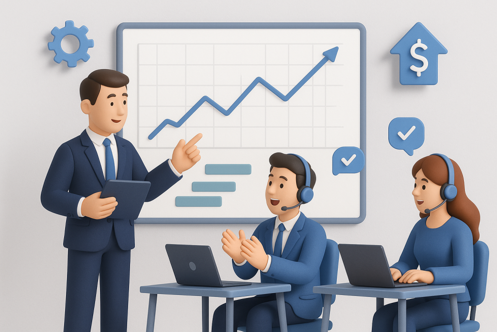 Illustration of Manager coaching agents in a minimalist corporate setting setting, with a momentum mood.