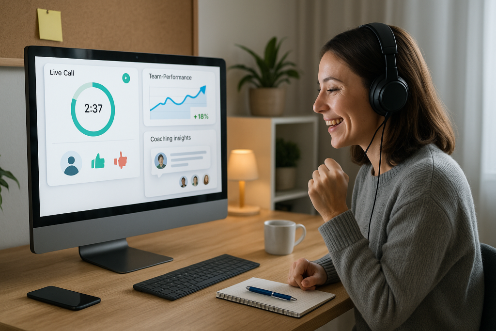 Illustration of live call performance dashboards in a remote home office setup setting, with a inspired mood.