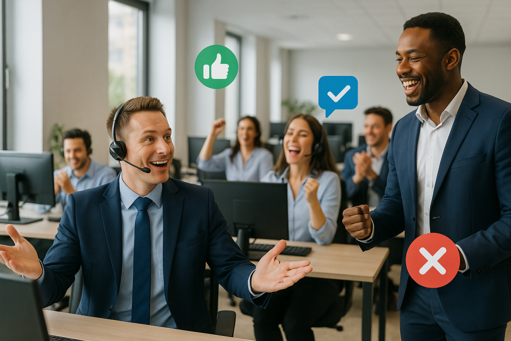 Illustration of high-energy sales bullpen in a collaborative sales floor setting, with a happy mood.