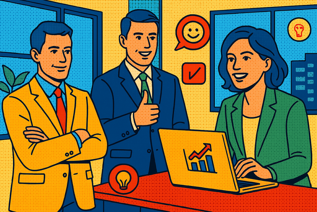 Illustration of Confident salespeople in a modern office environment setting, with a trust mood.