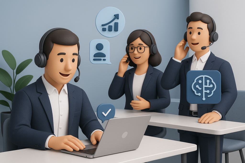 Illustration of Sales professionals on calls in a minimalist corporate setting setting, with a trust mood.