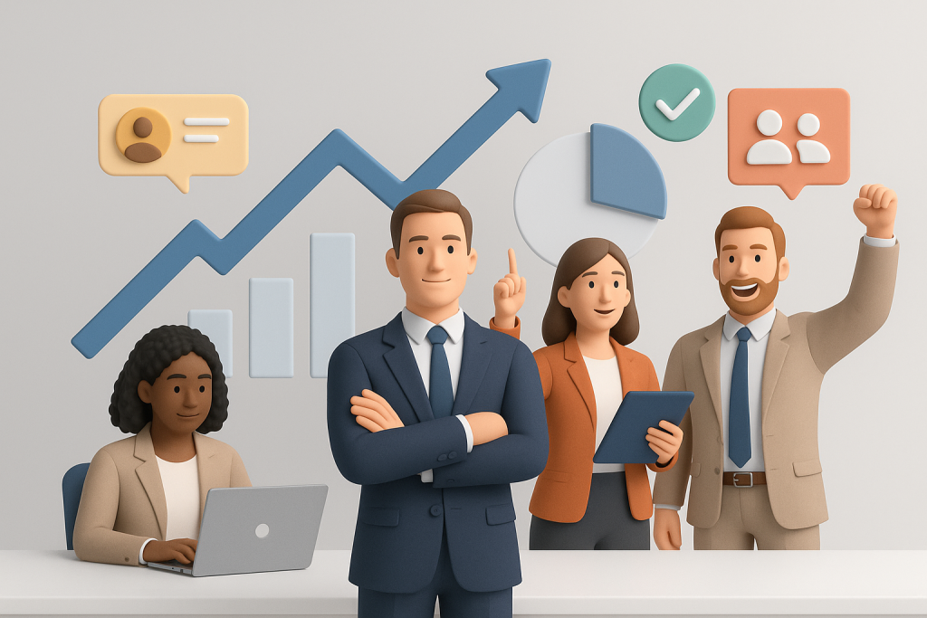 Illustration of Confident salespeople in a Neutral corporate setting, with a momentum mood.