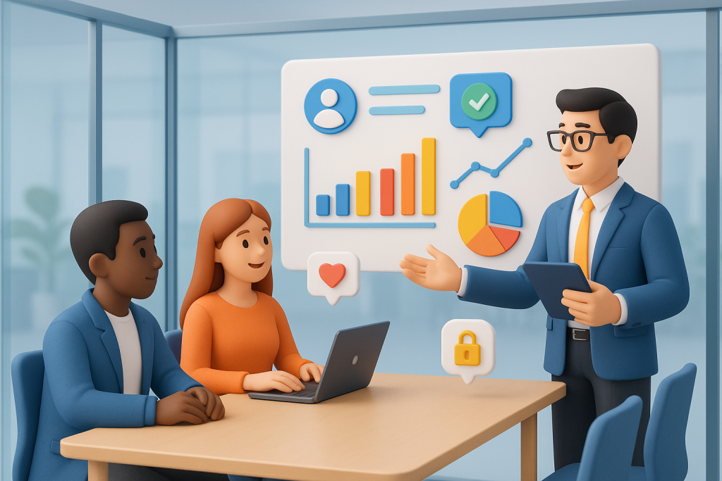 Illustration of Team collaboration in a glass-walled meeting room setting, with a trust mood.