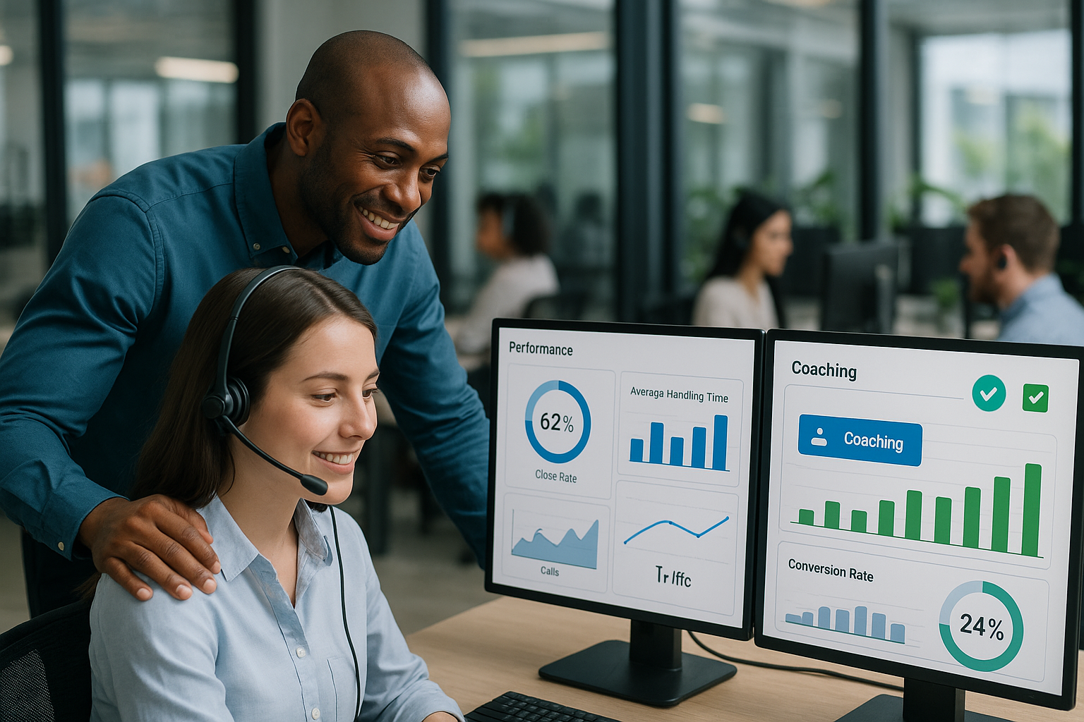 Illustration of Performance analytics screens in a open-plan tech workspace setting, with a trust mood.