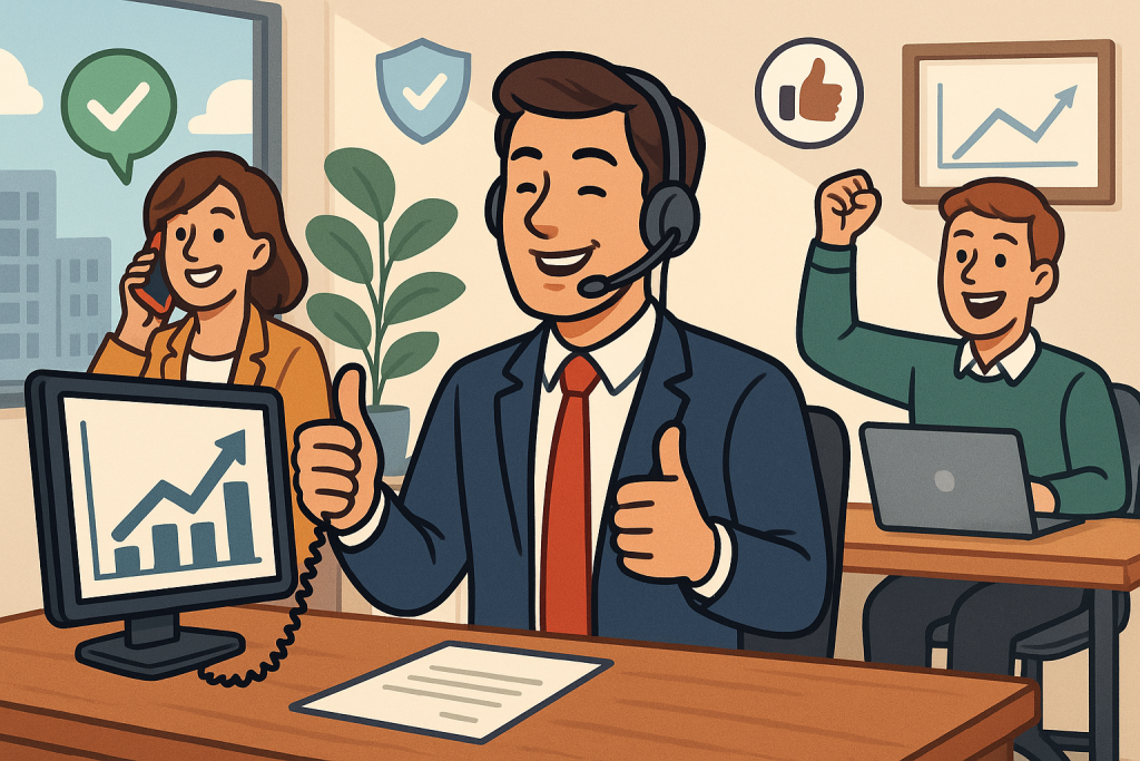 Illustration of Confident salespeople in a modern office environment setting, with a trust mood.