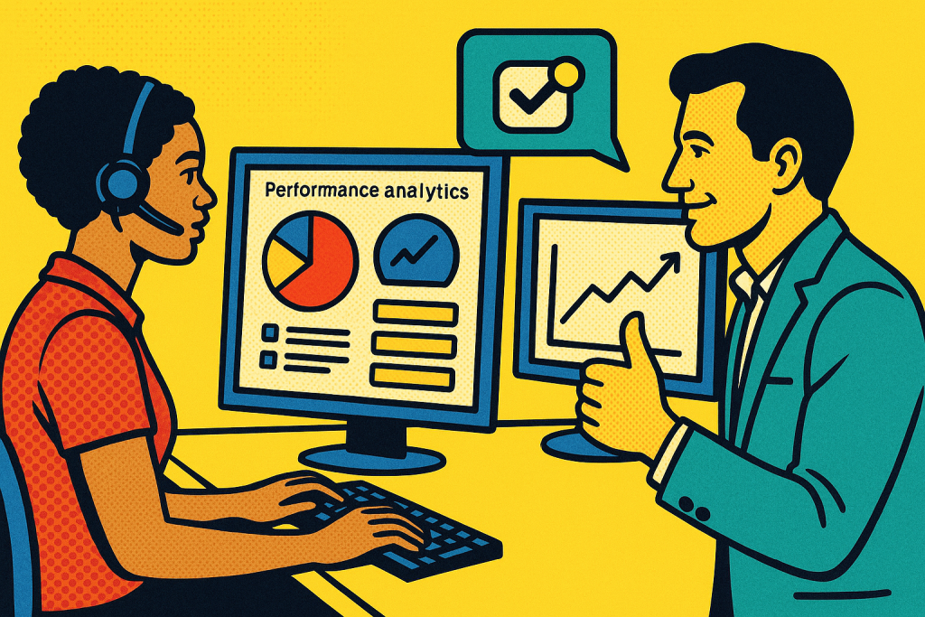 Illustration of Performance analytics screens in a Minimal studio setting, with a trust mood.