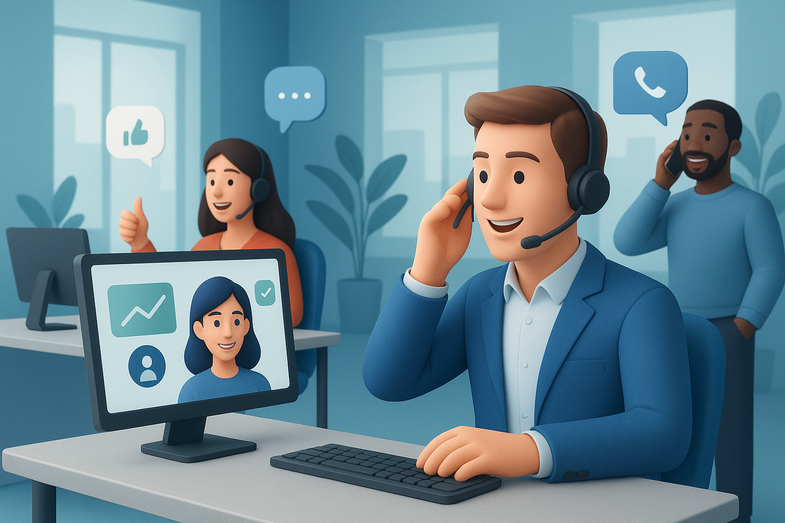 Illustration of Sales professionals on calls in a Modern office setting, with a confidence mood.