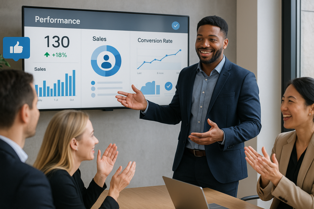 Illustration of Performance analytics screens in a sales team huddle room setting, with a confidence mood.