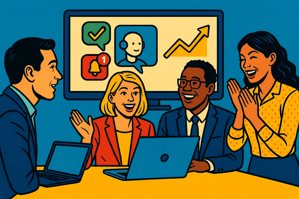 Illustration of Remote sales teams in a sales team huddle room setting, with a optimism mood.