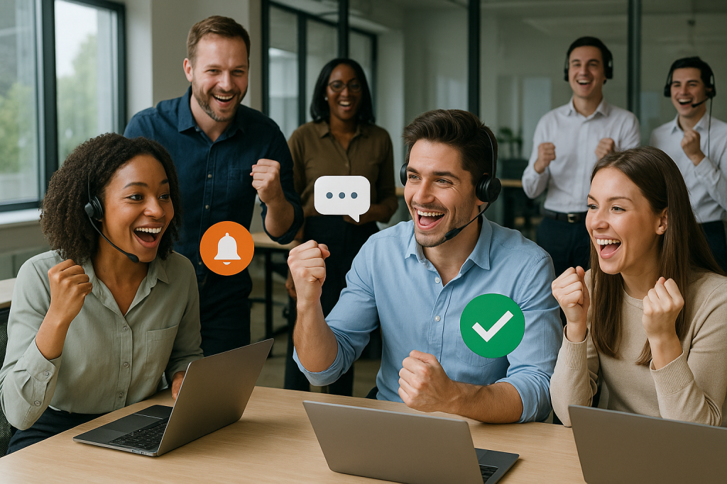 Illustration of high-energy sales bullpen in a energetic team meeting room setting, with a determined mood.