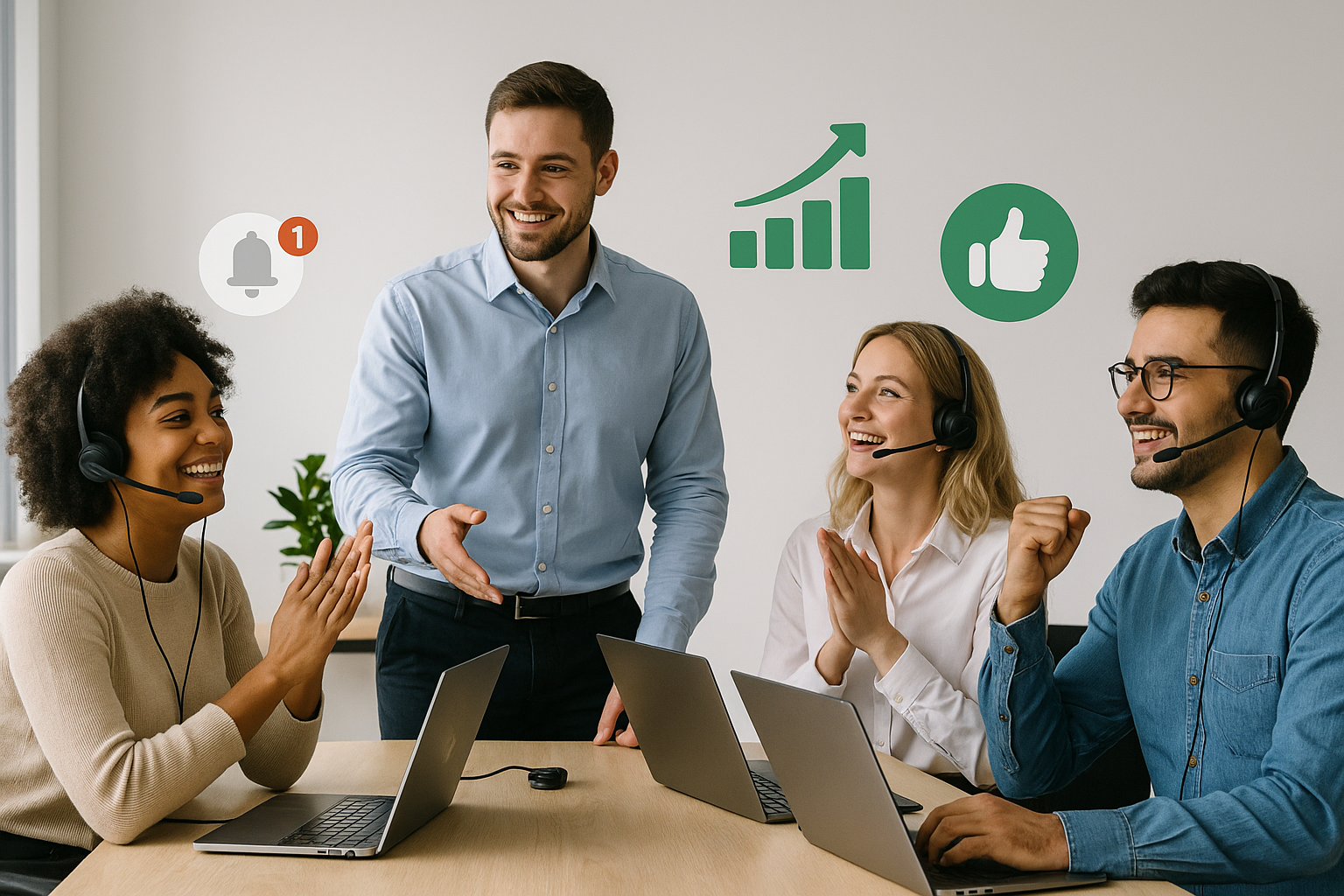 Illustration of quota-driven sales team meetings in a minimalist desk with headset setting, with a happy mood.
