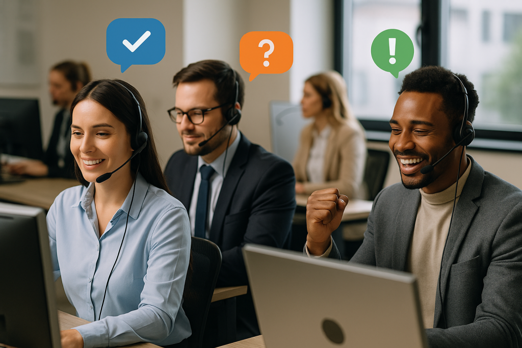 Illustration of telesales agents on headsets in a collaborative sales floor setting, with a determined mood.