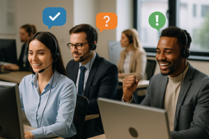 Illustration of telesales agents on headsets in a collaborative sales floor setting, with a determined mood.